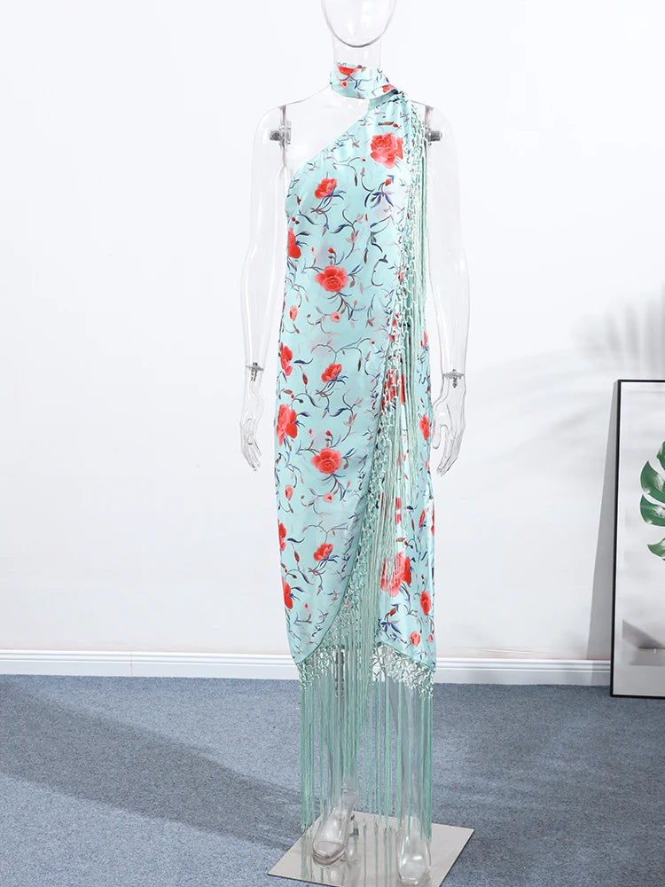 Vestidos elegantes de una pieza para mujer, sin mangas, con cuello tipo bufanda, espalda descubierta, estampado y borlas.