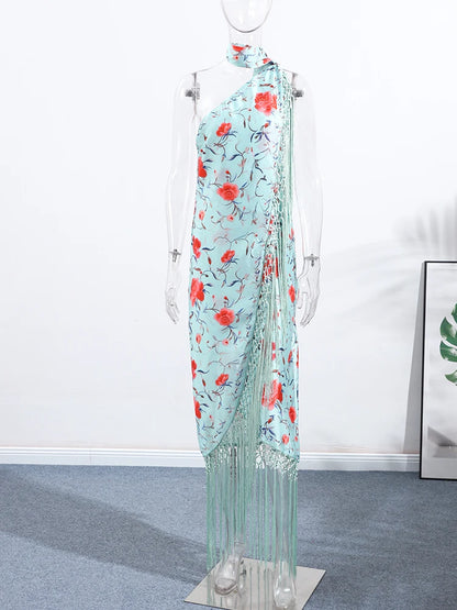 Vestidos elegantes de una pieza para mujer, sin mangas, con cuello tipo bufanda, espalda descubierta, estampado y borlas.