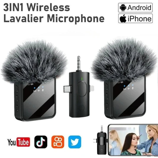 Micrófono de solapa inalámbrico 3 en 1 para cámara, iPhone y Android. Micrófono para grabación de video y podcasts con reducción de ruido.