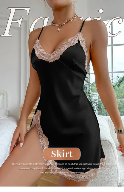 Camisón de leopardo con ribete de encaje, escote en V, espalda descubierta, abertura lateral, para dormir, para mujer