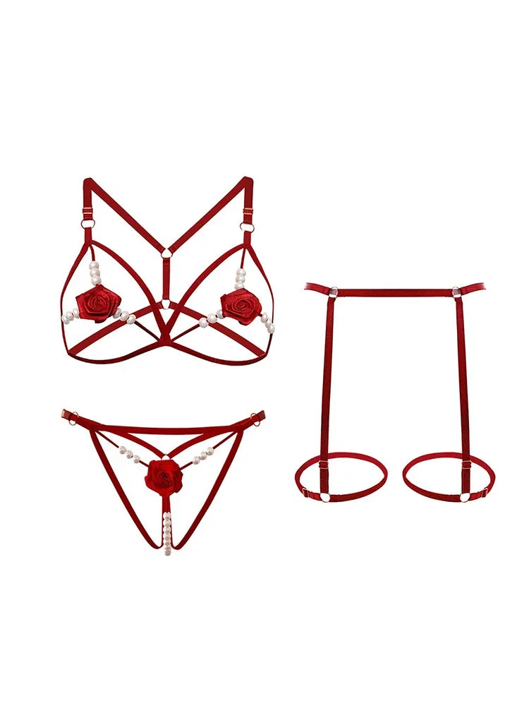 Lencería sexy para mujer, ropa interior abierta con abertura anal, sujetador con perlas huecas, pijama sexy de encaje, disfraz erótico de 3 piezas
