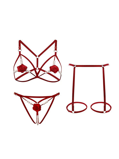 Lencería sexy para mujer, ropa interior abierta con abertura anal, sujetador con perlas huecas, pijama sexy de encaje, disfraz erótico de 3 piezas
