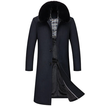 Abrigos de lana con cuello de piel para hombre, estilo informal de negocios, chaquetas extralargas de cachemir, gabardinas de invierno, forro polar de alta calidad para hombre, mezcla de lana cálida
