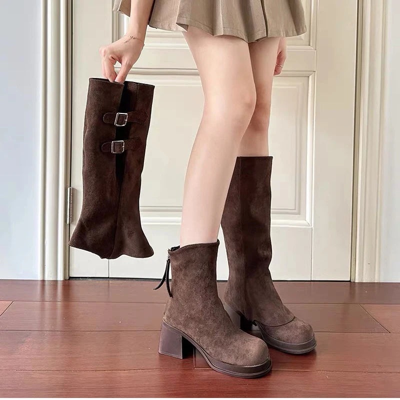 Botas vintage para mujer, con hebilla de cinturón extraíble, para otoño e invierno, con tacón grueso, elegantes y largas.