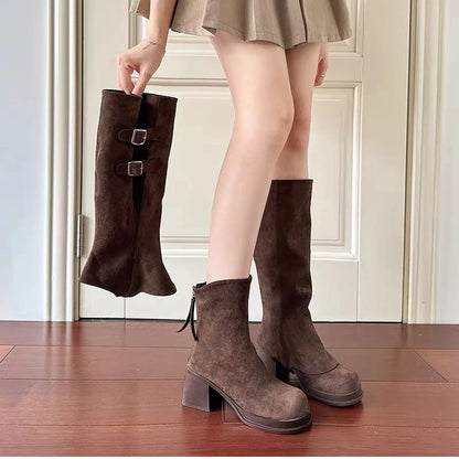 Botas vintage para mujer, con hebilla de cinturón extraíble, para otoño e invierno, con tacón grueso, elegantes y largas.