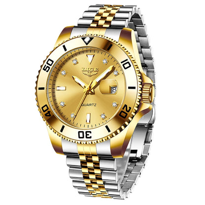 Reloj de lujo LIGE para hombre, reloj de cuarzo con esfera engastada de diamantes, resistente al agua, calendario, mariposa, doble cierre, acero inoxidable.