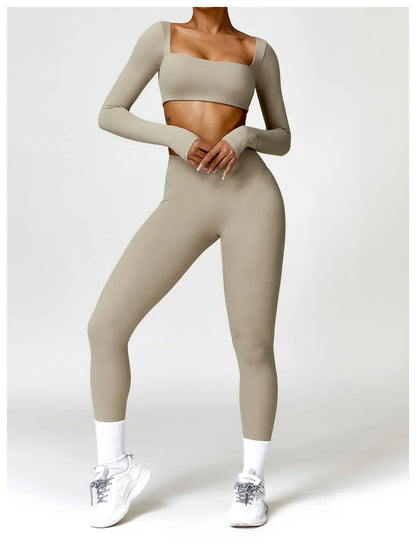 Conjunto de chándal de yoga para mujer, 2 piezas, ropa deportiva para entrenamiento, ropa deportiva, leggings de gimnasio, sujetador de fitness, top corto, trajes deportivos de manga larga