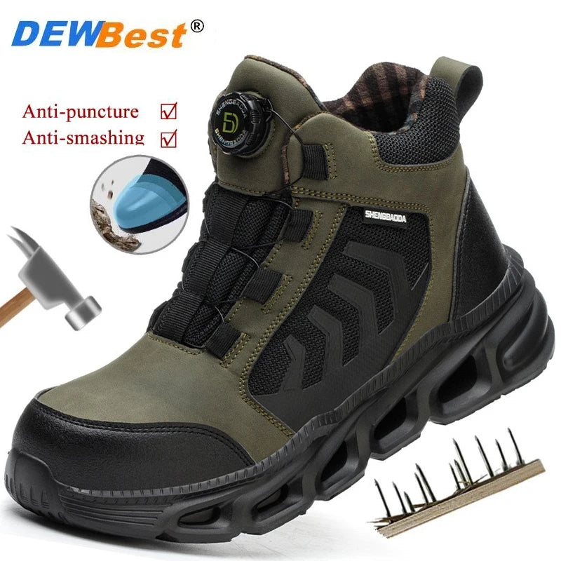 Zapatos de seguridad para hombre, de caña alta, universales para las cuatro estaciones, con hebilla giratoria antideslizante, puntera de acero, antiaplastamiento y antiperforación.