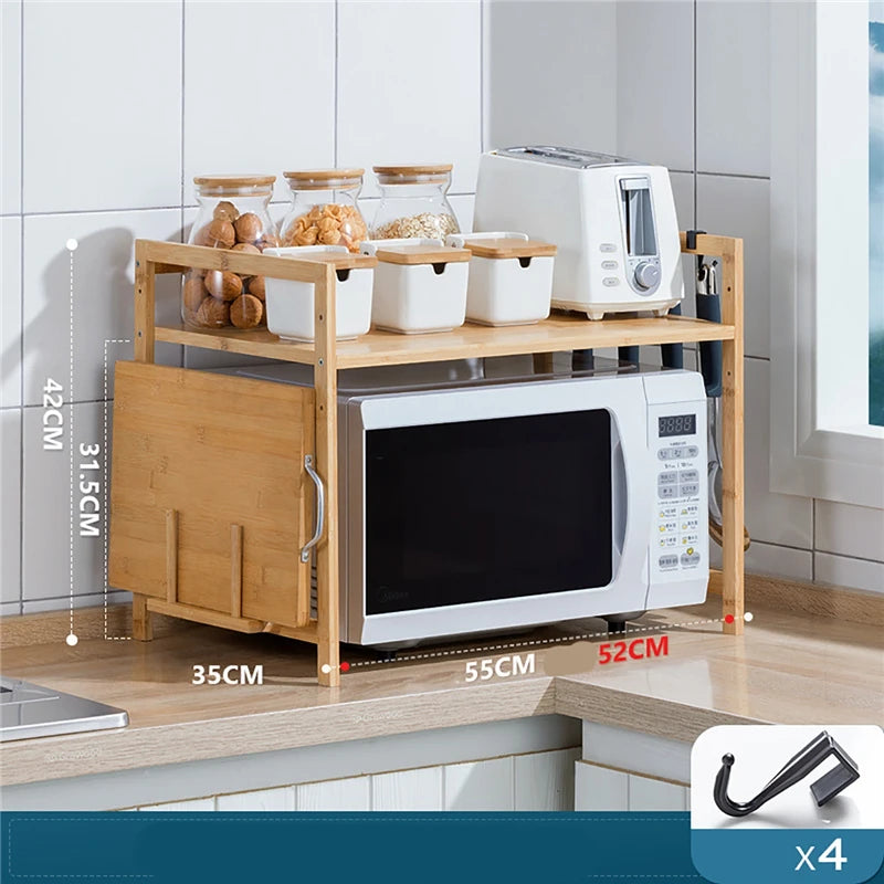 Estante de almacenamiento para horno microondas de cocina, 1 capa de bambú, ajustable, organizador de encimeras, gancho para colgar, soporte para tabla de cortar
