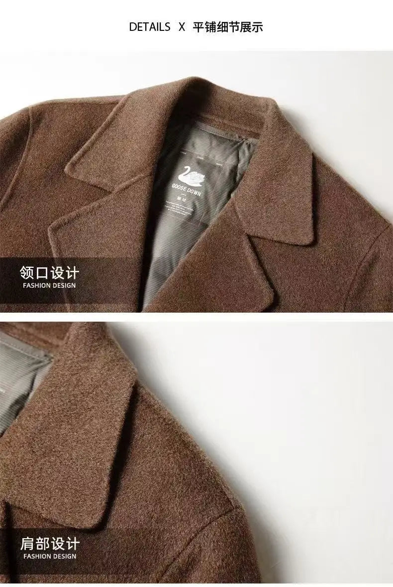 2025 Autumn/Winter New Men's 100% Wool Coat Knee length Double breasted Goose Down Inner Tank Thickened for Warmth