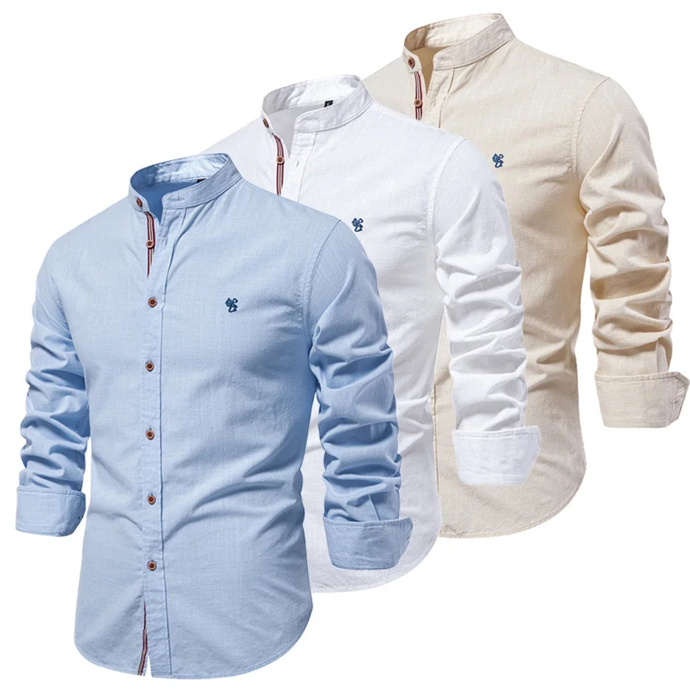 Camisa de lino 100% algodón para hombre, camisas de marca con bordado de color liso, blusas informales de manga larga de alta calidad con botones