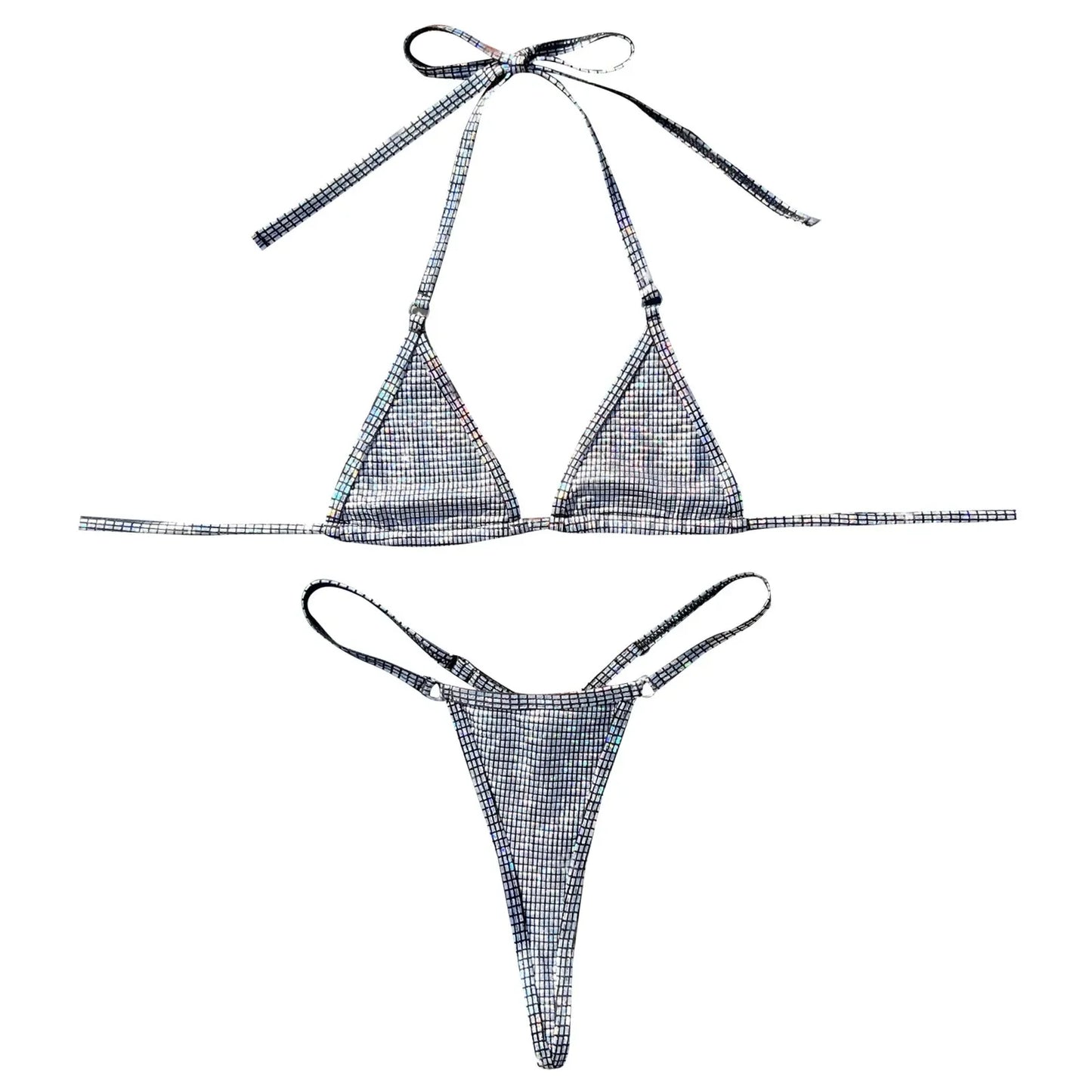 Bikini brasileño triangular plateado brillante con efecto push up para mujer, traje de baño sexy con tangas y cuello halter con cordones.