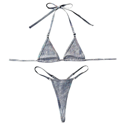 Bikini brasileño triangular plateado brillante con efecto push up para mujer, traje de baño sexy con tangas y cuello halter con cordones.