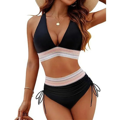 Conjunto de bikini de cintura alta con cinturón de tejido de color puro sexy para mujer, traje de baño de estilo ruso, ropa de playa de moda para mujer