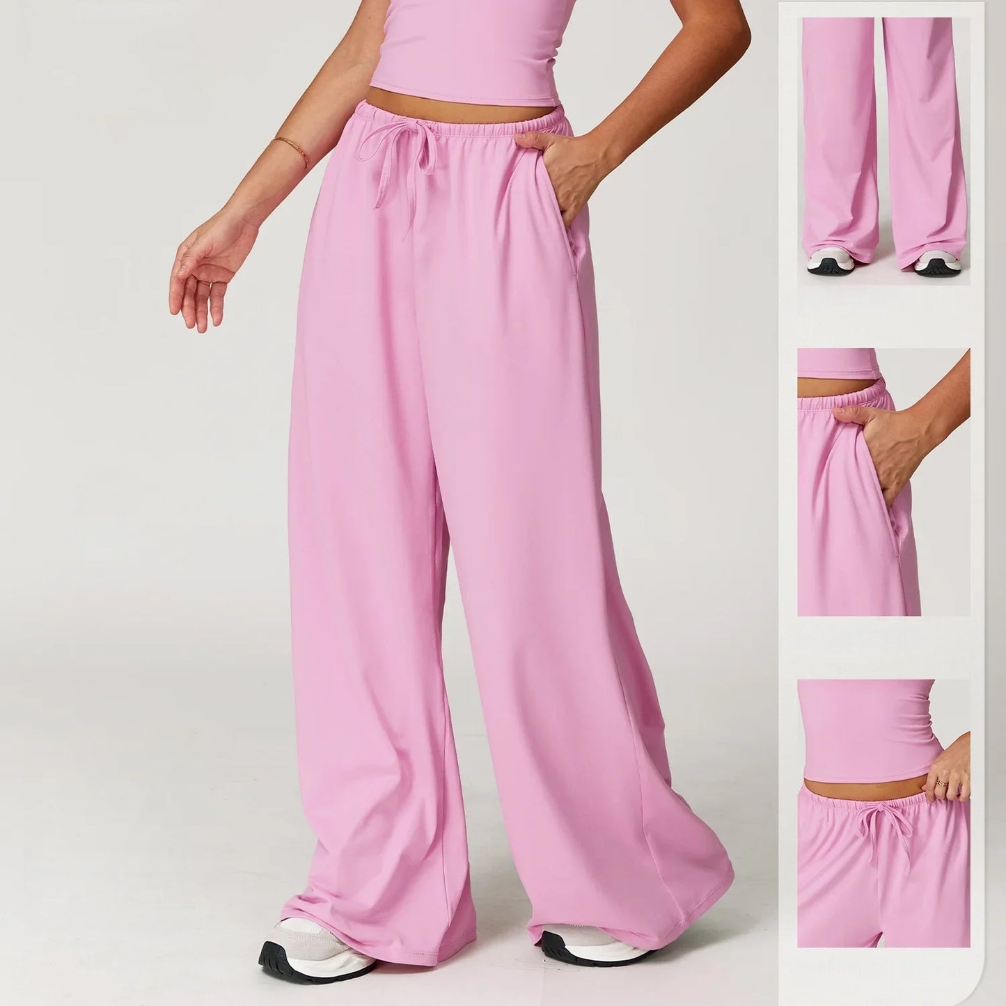 Pantalones de yoga deportivos para mujer, holgados, de pierna ancha, finos, transpirables, con cordón elástico y diseño caído.