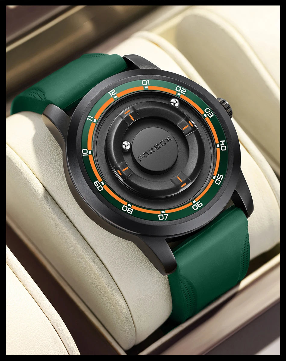 Reloj de pulsera de cuarzo para hombre FOXBOX Fashion, verde, de silicona, resistente al agua, con puntero deslizante y fuerza magnética, para deportes al aire libre.