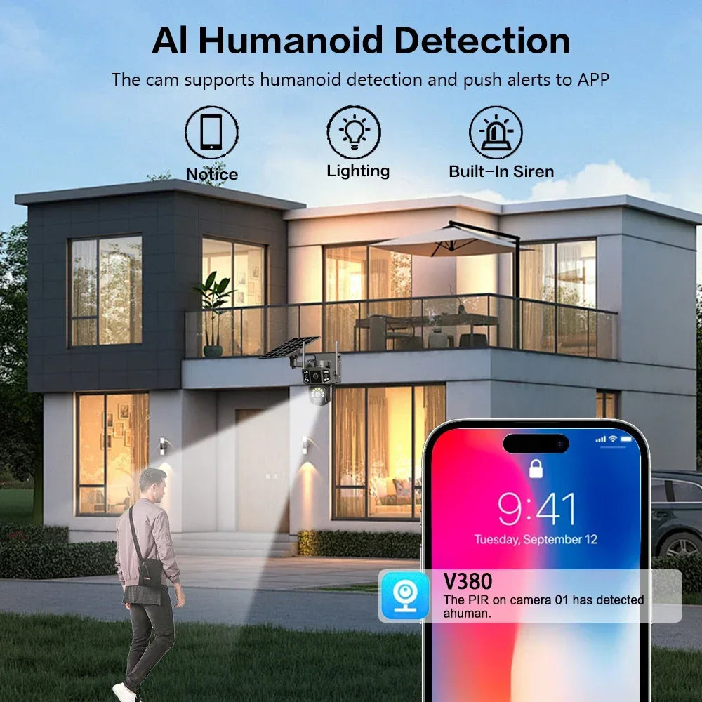 Cámara de seguridad exterior V380, 4K de doble lente, circuito cerrado de televisión solar inalámbrica WIFI, cámara solar con SIM 4G, cámara CCTV