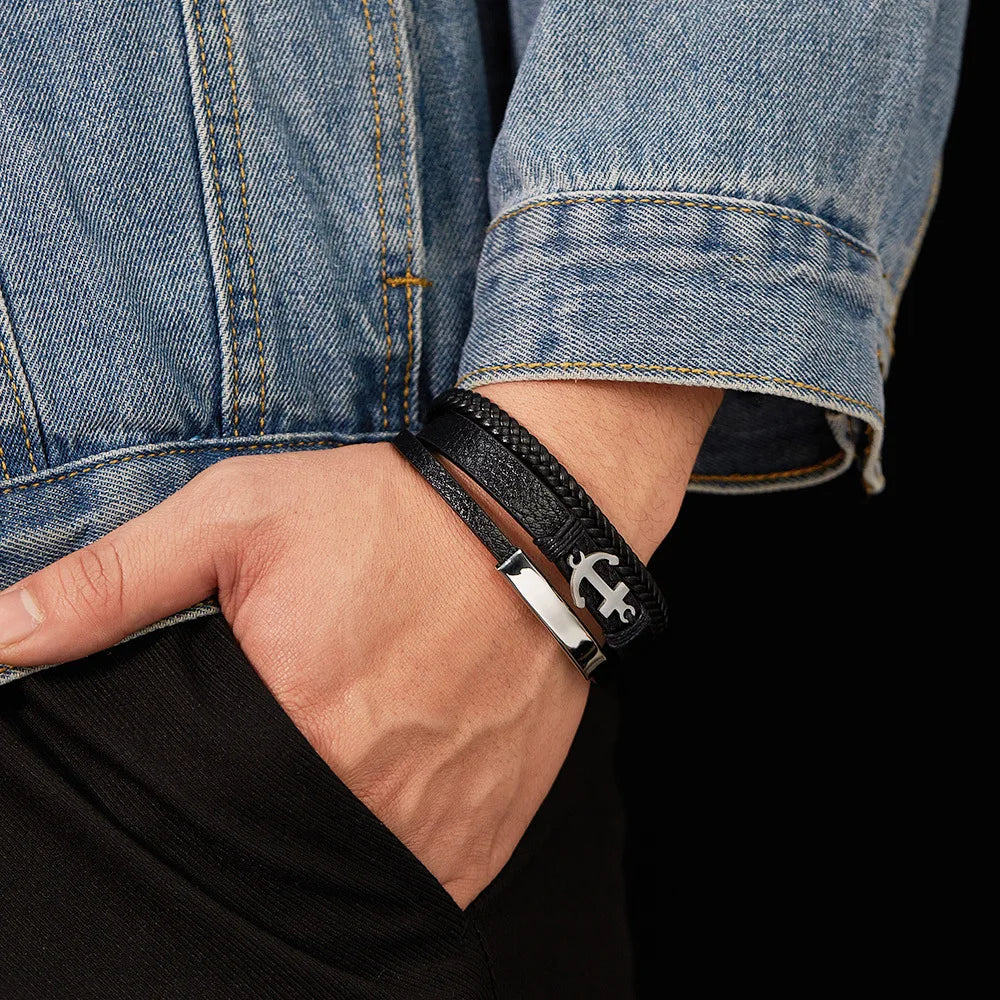 Pulsera de cuero para hombre. Pulsera de cuero trenzado multicapa versátil con forma de ancla retro, adecuada para regalos de hombre.