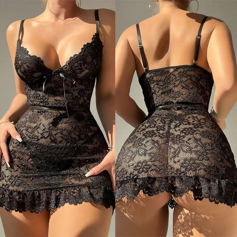 Conjunto de lencería sexy con perspectiva de empalme de encaje, ropa de dormir erótica sin entrepierna, pijama, vestido de noche de encaje, camisón, tanga