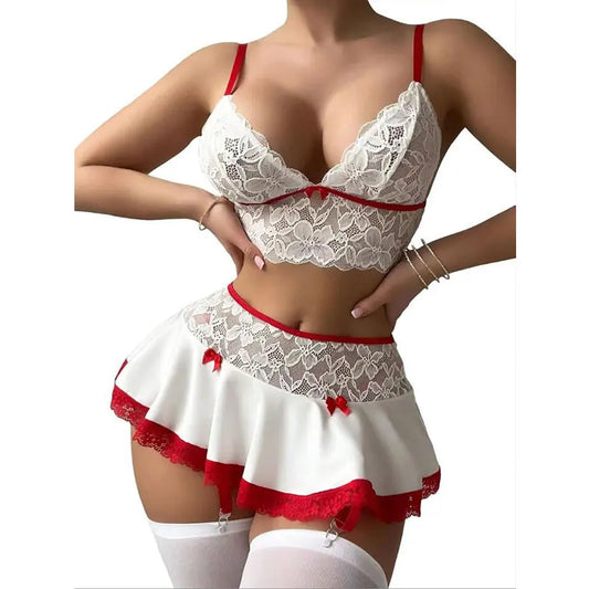 Cosplay Sexy Ropa Interior Sin Costuras Elegante Traje Erótico Para Mujer Sujetador Abierto Fantasía Mini Falda Conjunto De Liga