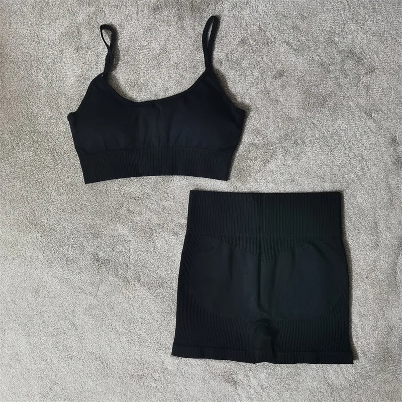 Conjunto de yoga fitness sin costuras para mujer, ropa deportiva de cintura alta, leggings, pantalones cortos de dos piezas, ropa de gimnasio para mujer