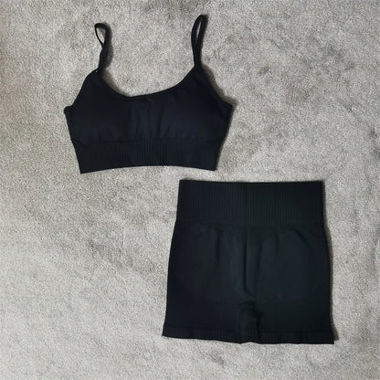 Conjunto de yoga fitness sin costuras para mujer, ropa deportiva de cintura alta, leggings, pantalones cortos de dos piezas, ropa de gimnasio para mujer