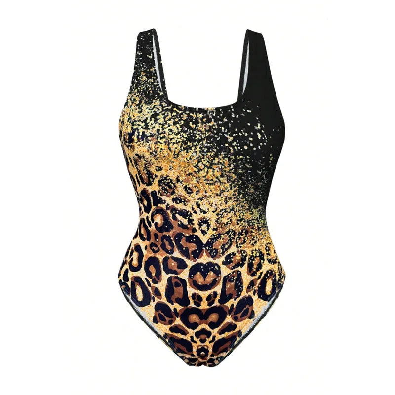 Nuevo bikini sexy estampado tie-dye con estampado de leopardo, traje de baño deportivo sin espalda, conjunto de bikini de una pieza para mujer