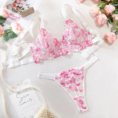 Conjunto de lencería sexy con bordado romántico floral rosa, ropa interior estética de lujo de buena calidad, seductora