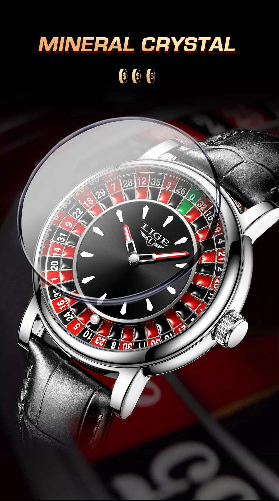 Reloj de Cuarzo LIGE para Hombre, Moda, Lujo, Diseño Creativo de Ruleta, Esfera de Juego, Correa de Cuero, Casual, Resistente al Agua, Regalo + Caja