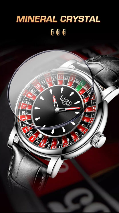 Reloj de Cuarzo LIGE para Hombre, Moda, Lujo, Diseño Creativo de Ruleta, Esfera de Juego, Correa de Cuero, Casual, Resistente al Agua, Regalo + Caja