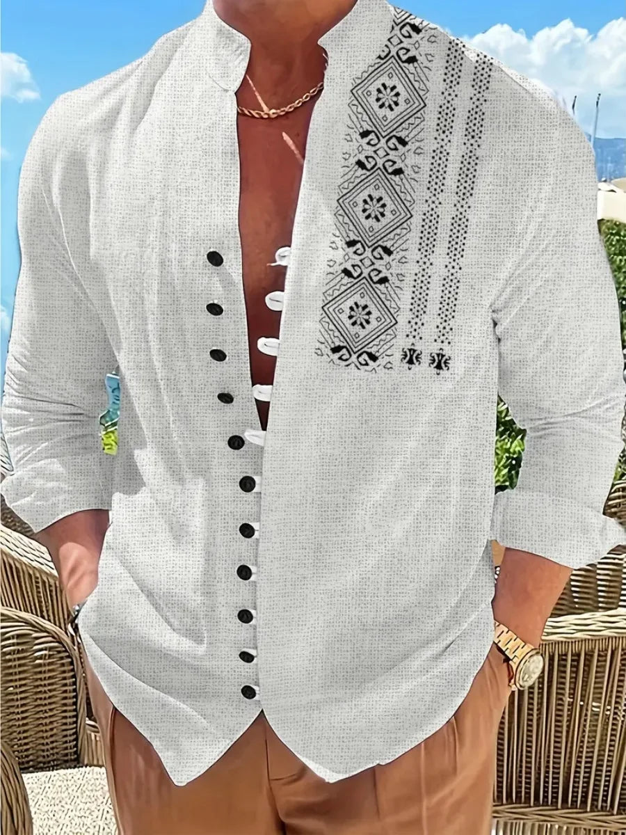 Nueva camisa de lino para hombre, con botones, patrón de tendencia de moda, corte ajustado, cómoda y suave, nueva marca retro.