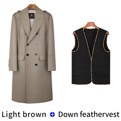 Worsted pure wool coat for men super long, knee length double breasted thickened and warm classic business wool coat for men
