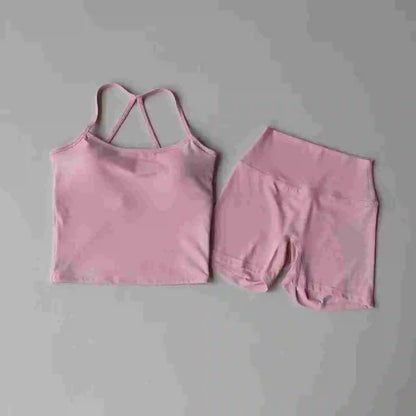 Yoga Gym Set Halter Top Set Yoga High Waist Shorts Set Backless Tights Bra Vest Seamless Stretch Ribbed Buttocks Lift Shorts Set