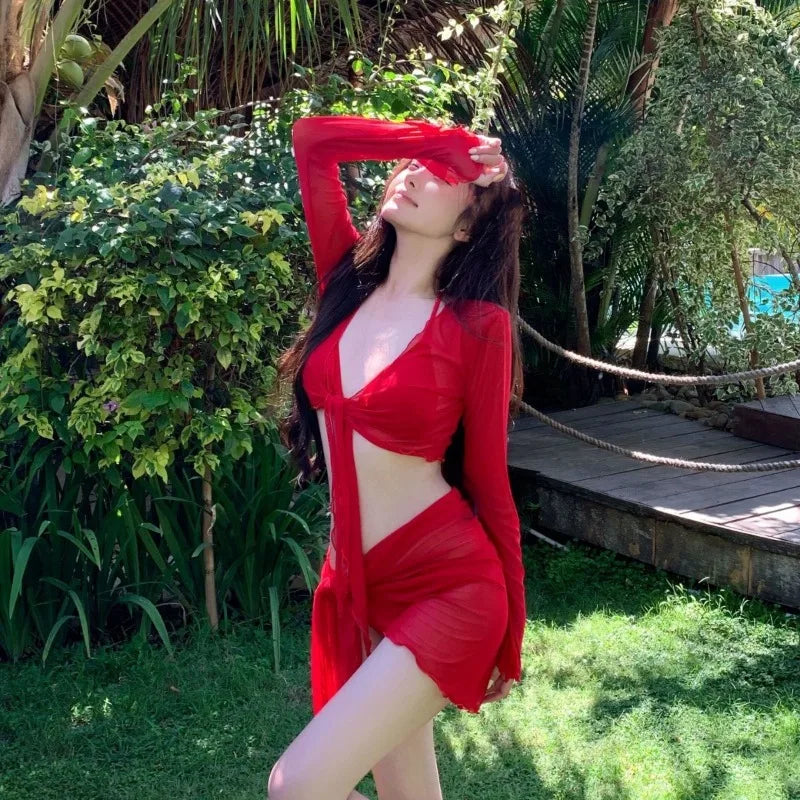 Women's Red Bali Four-Piece Bikini Set Slimming Cover-Up Swimwear Solid Flattering Two-Piece Vacation Beachwear Swimsuit
