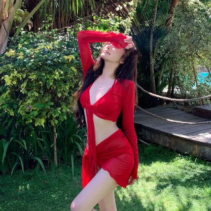 Women's Red Bali Four-Piece Bikini Set Slimming Cover-Up Swimwear Solid Flattering Two-Piece Vacation Beachwear Swimsuit