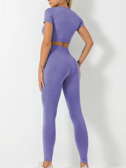 Conjunto de yoga de verano para mujer, cuello redondo, cintura alta, levantamiento de cadera, ajustado, moldeador, conjunto deportivo de dos piezas para fitness