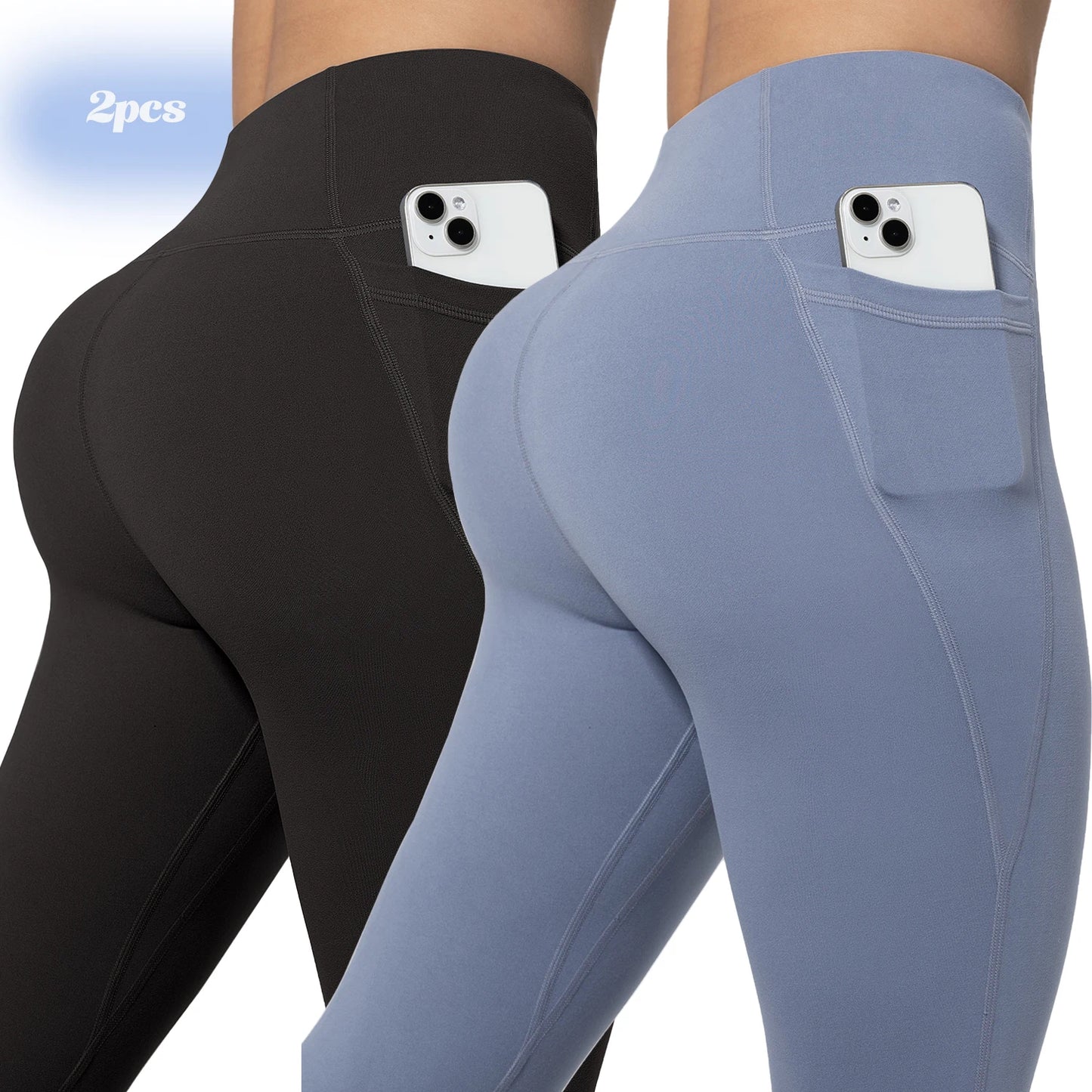 Leggings de yoga para mujer, 2 unidades, con bolsillos, color liso, para gimnasio, actividades al aire libre, cintura alta, ajustados, pantalones deportivos para correr.