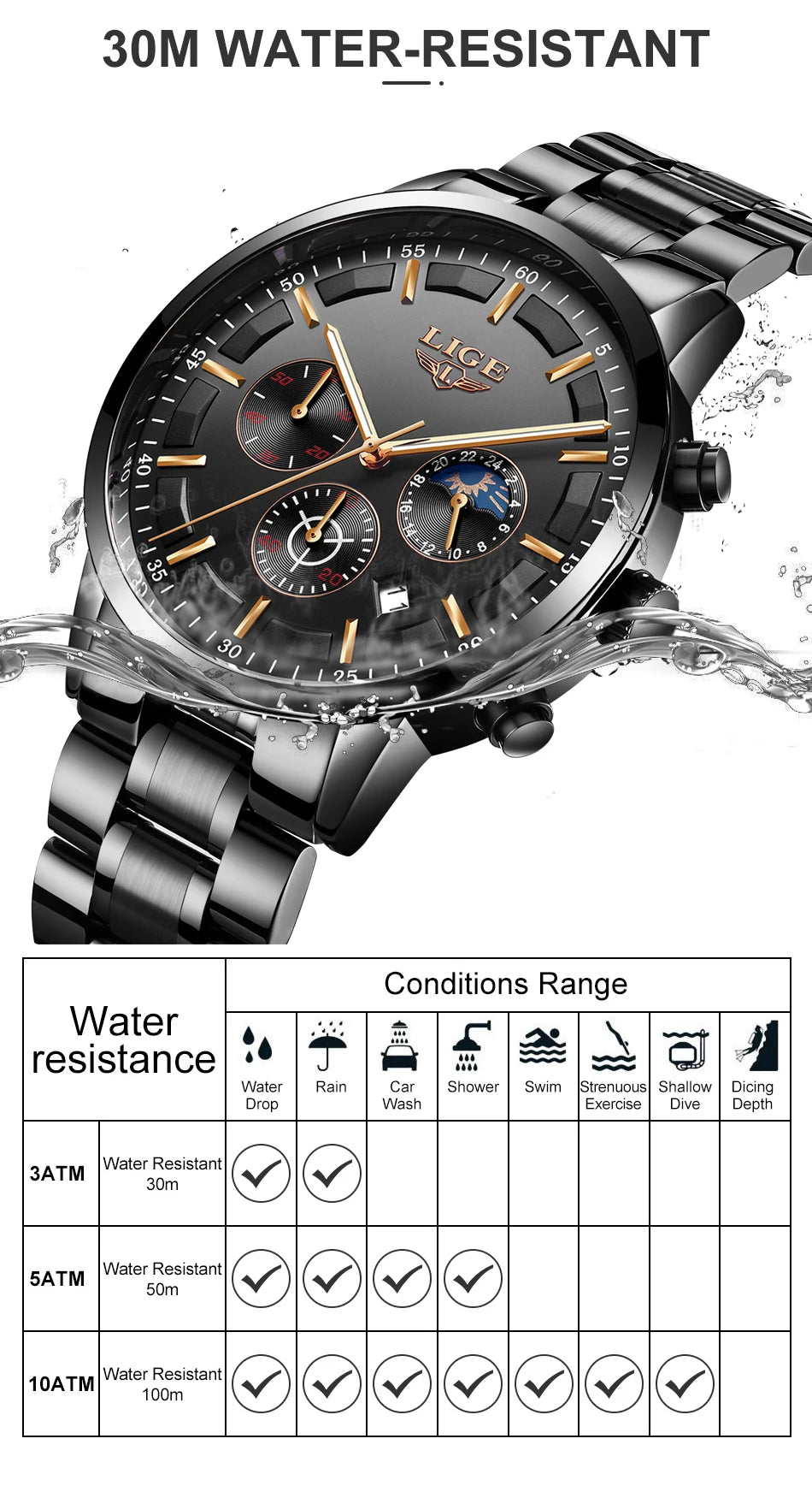 LIGE - Reloj de negocios para hombre, de cuarzo, de lujo, resistente al agua, 3 barras, cronógrafo luminoso, regalo + caja