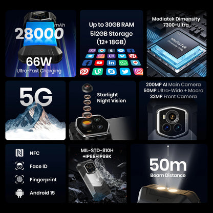 Teléfono móvil resistente Fossibot F107 Pro, 30 (12+18) GB + 512 GB, Android 15, batería de 28000 mAh, carga rápida de 66 W, cámara de 200 MP + 32 MP, 5G, NFC/GPS, doble linterna brillante.
