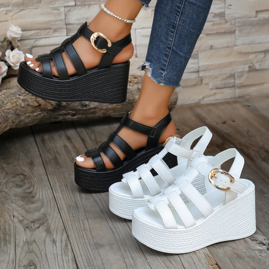 Sandalias de tacón grueso estilo romano de moda, zapatos de mujer, zapatillas de plataforma de tacón alto de verano, sandalias de suela plana con hebilla elegante
