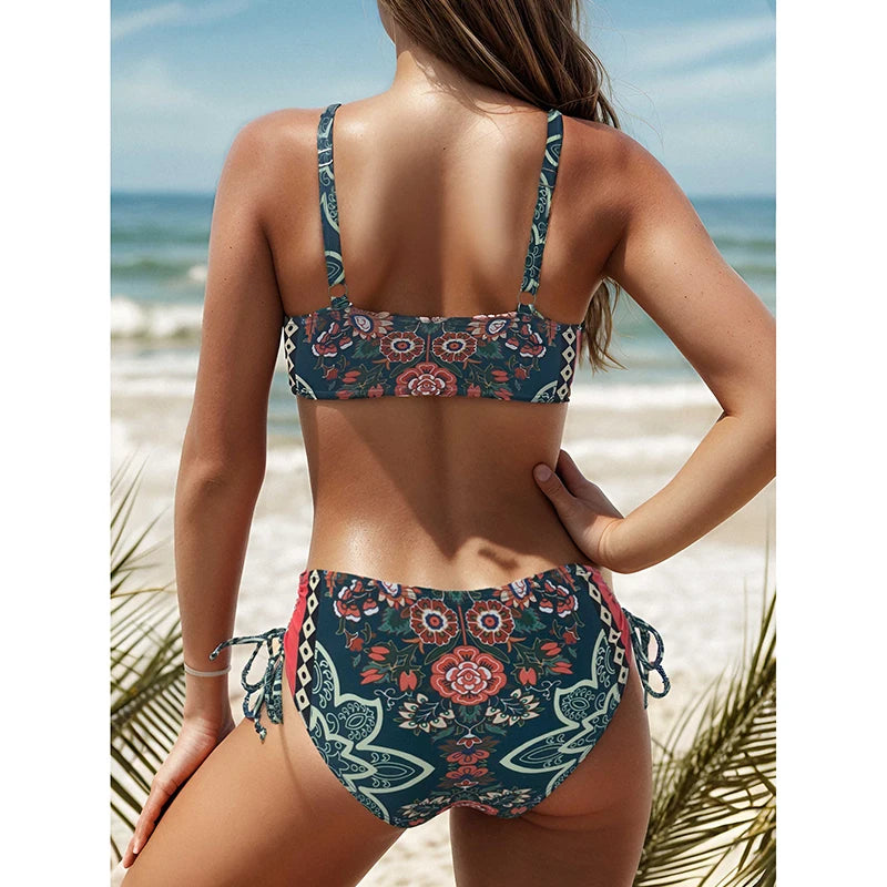 Conjunto de bikini para mujer, novedad de 2025, traje de baño de talla grande con efecto push up y estampado floral grande, ropa de playa.