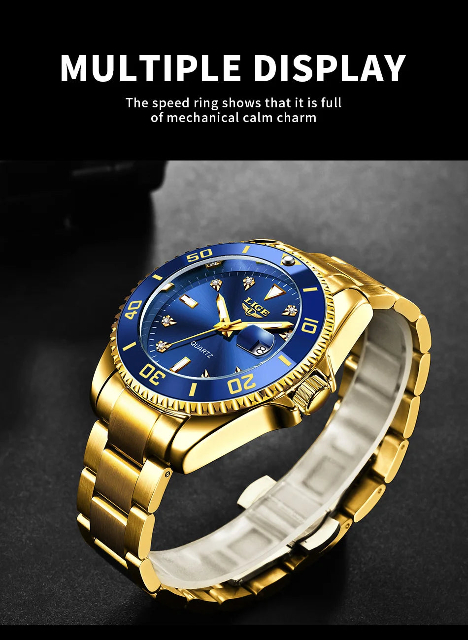 Relojes de moda LIGE para hombre, de lujo, luminosos, con calendario, para negocios, resistentes al agua, cronógrafo, de acero inoxidable, de cuarzo.