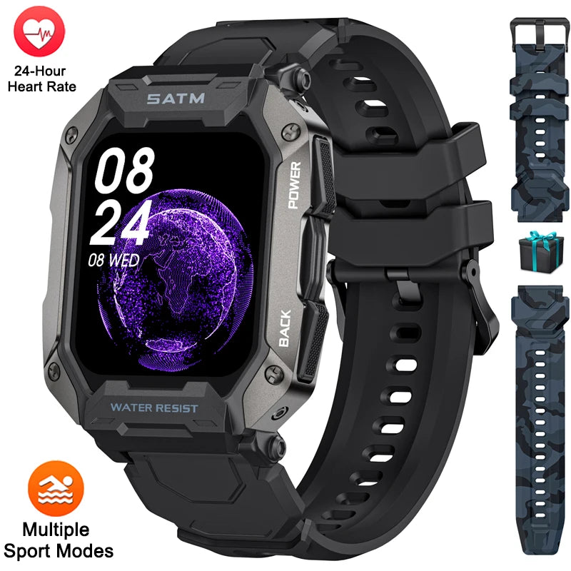 Reloj inteligente militar para hombre, color negro carbono, ultradelgado, resistente al agua hasta 5 ATM, deportivo, con monitor de frecuencia cardíaca y oxígeno en sangre (2024).
