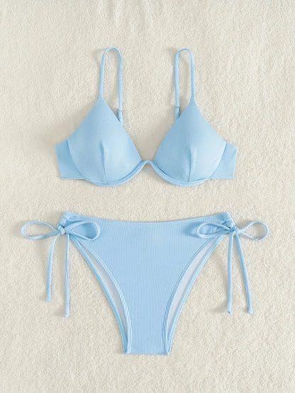 Bikini sexy fruncido sin espalda para mujer, con tirantes de color puro, soporte de acero, traje de baño separable, moda 2024, nuevo modelo, gran oferta
