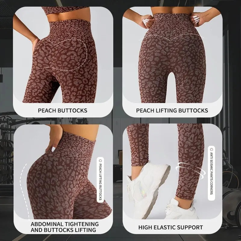 Pantalones de yoga con estampado de leopardo sin costuras para mujer, con realce de cadera y cintura alta, con alta elasticidad.