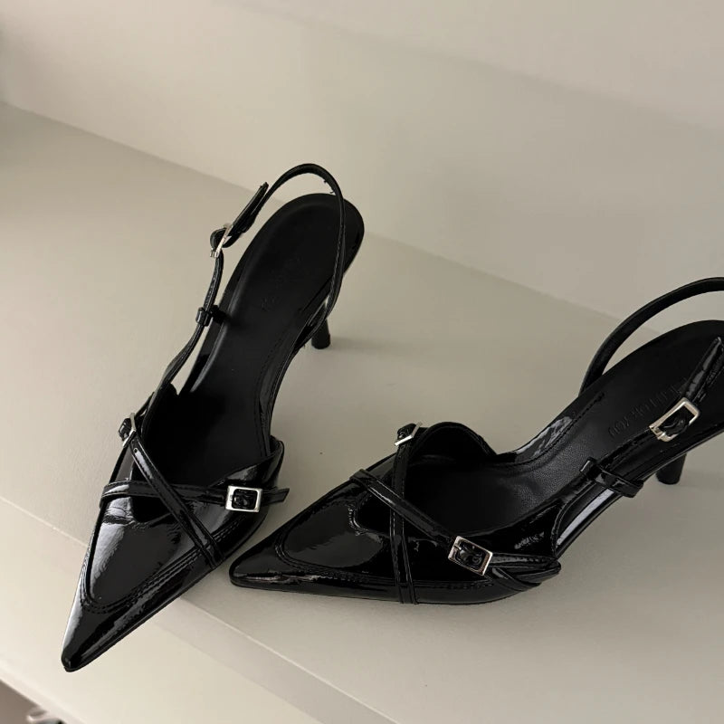 2025 New Women's Sandals Trendy Buckle Designer Summer Elegant Pointed Toe Pumps High Heels Outdoor Banquet Slingback Shoes