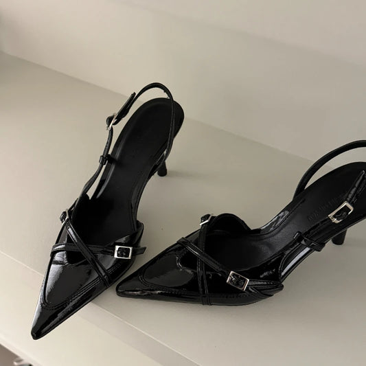 2025 New Women's Sandals Trendy Buckle Designer Summer Elegant Pointed Toe Pumps High Heels Outdoor Banquet Slingback Shoes