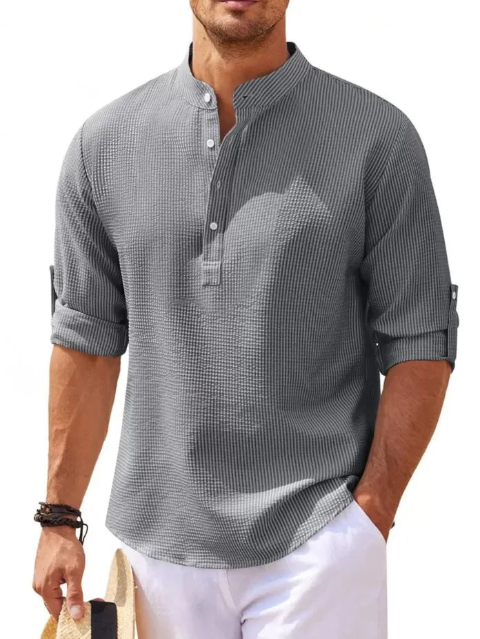 Camisas de manga larga de algodón y lino para hombre, de gran oferta, para primavera y otoño, de color liso, con cuello alto, estilo playero informal, tallas grandes S-5XL