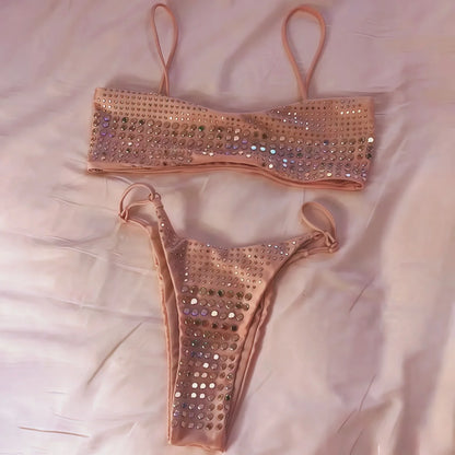 Bikini de diamantes 2025, bañador sexy para mujer, bikini bandeau con efecto push up, bañador femenino brillante, traje de baño floral, ropa de playa