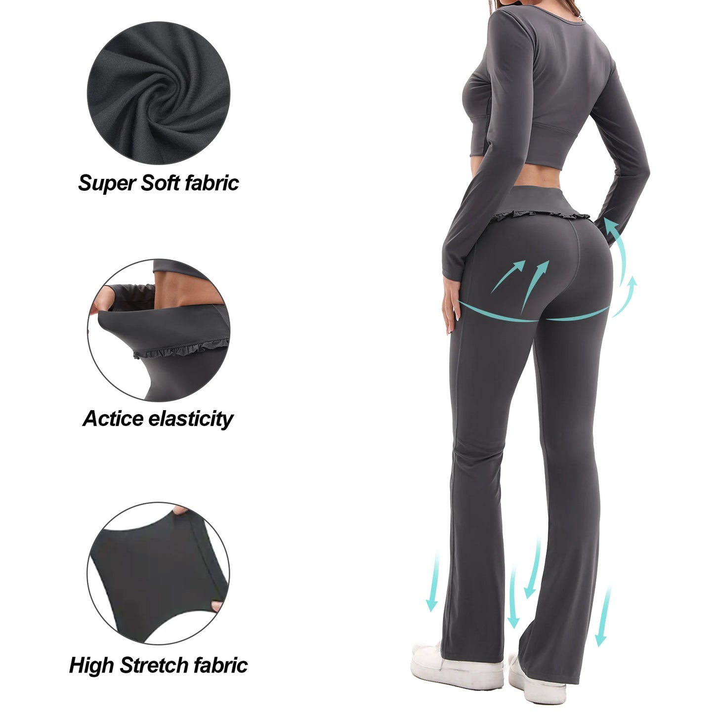 Conjunto de Yoga de 2 Piezas con Volantes para Mujer, Cintura Alta, Control de Abdomen, Pantalones Acampanados, Top de Manga Larga, Ropa Deportiva para Gimnasio, Correr, Clásico, Gris Oscuro